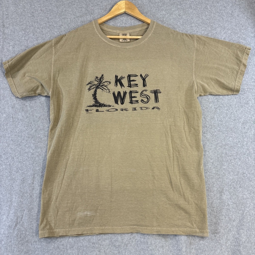 Comfort Colors T-Shirt Key West Florida Mens L Khaki Tan Palm Tree Graphic